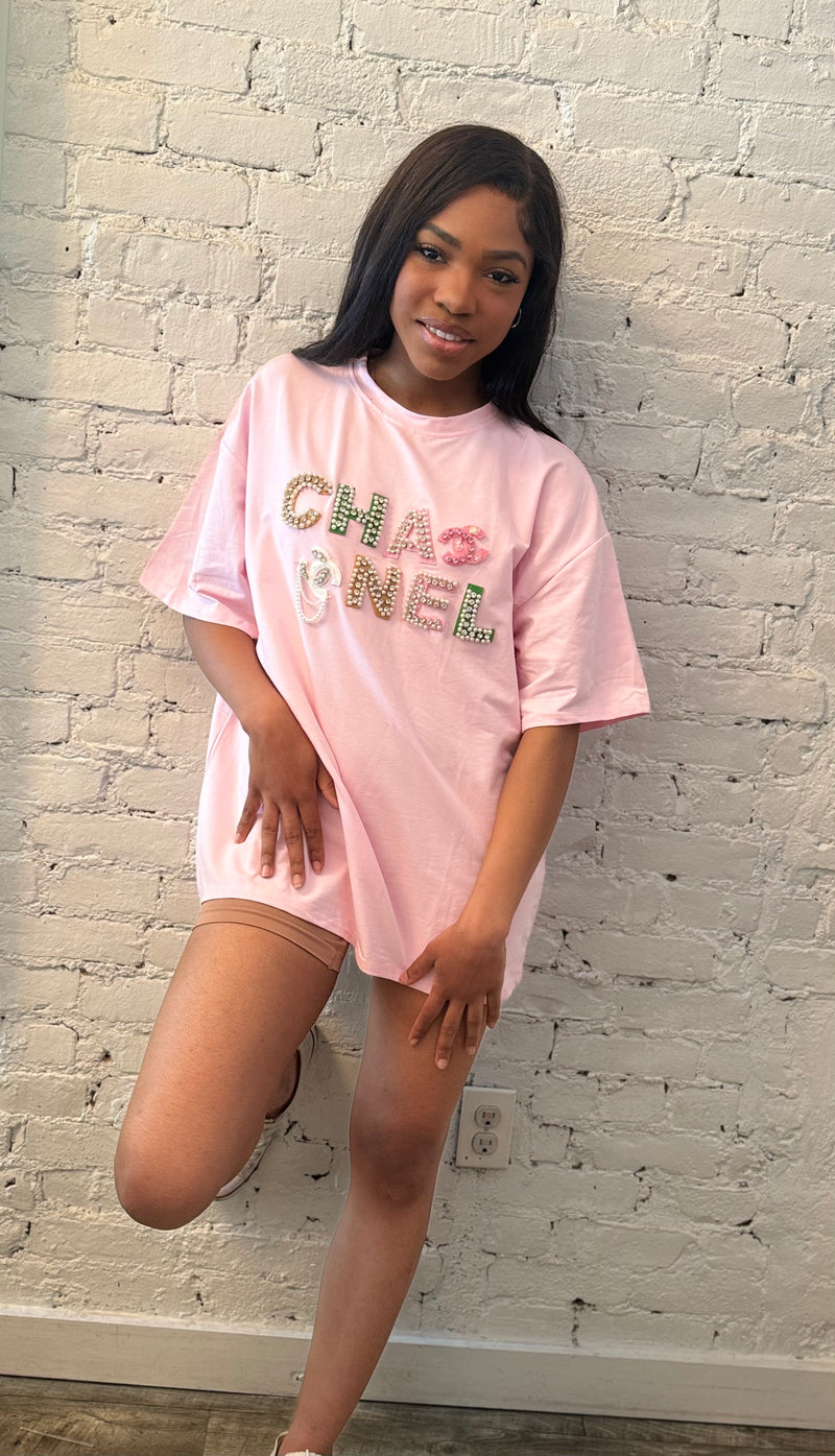 Novelty Pink CC Chanel inspired oversized Tee