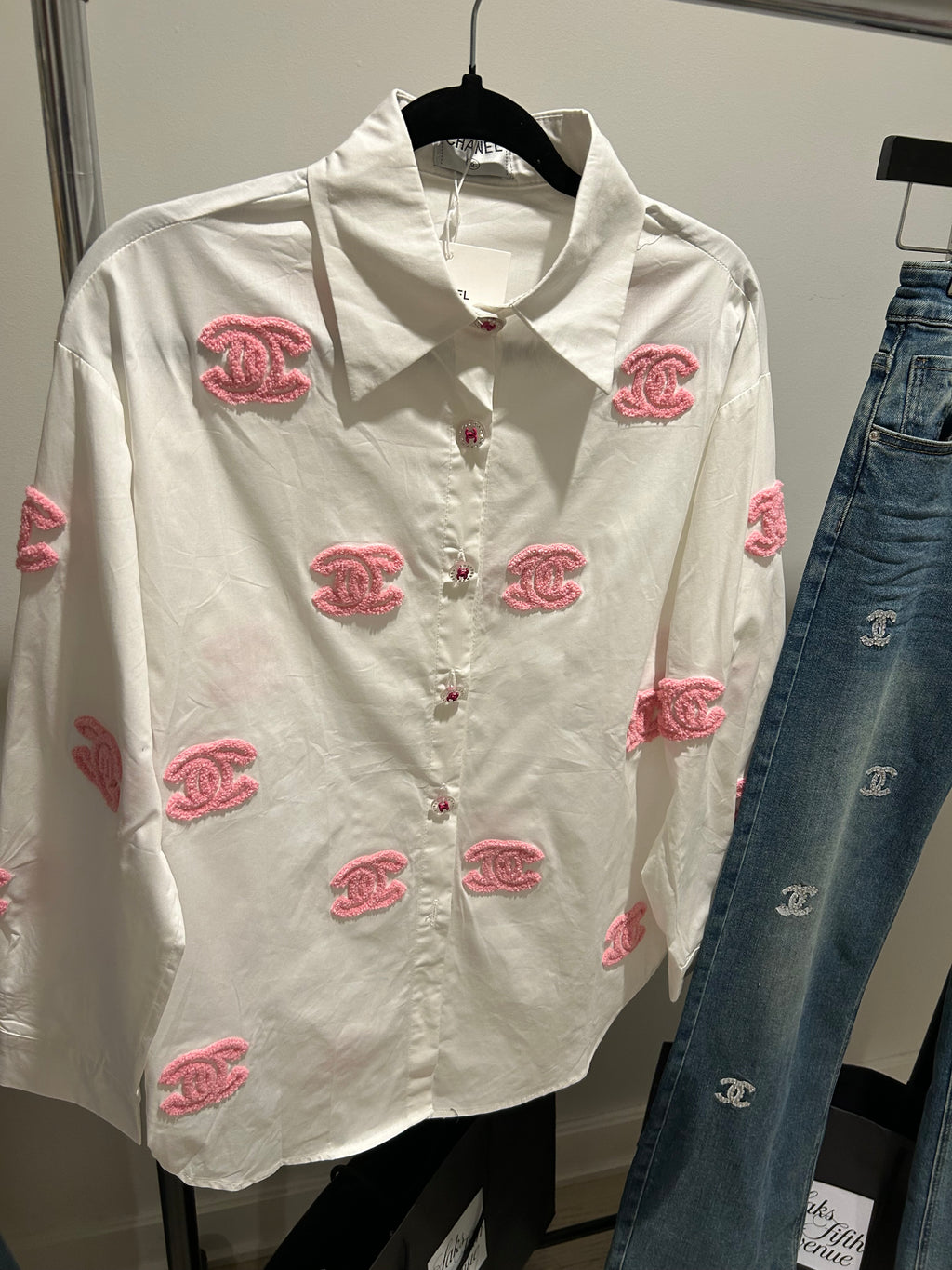 NOVELTY COLLECTION PINK AND WHITE CHANEL INSPIRED BUTTON UP